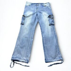 Flamingals Jeans Women XXL Straight Leg Cargo Light Wash Stretch Denim Y2K